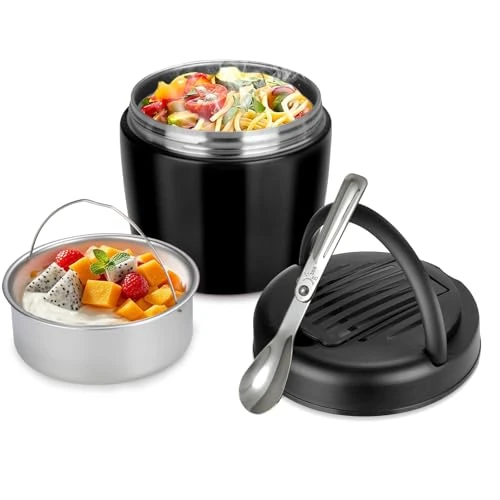 Romon Food Flask 1200 ml Stainless Steel Thermal Food Container Sans BPA Thermal Lunch Box with Folding Spoon for Office School & Camping Black