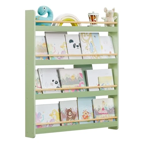 SONGMICS Libreria Montessoriana per Bambini, Scaffale per Giocattoli a 4 Ripiani, Libreria da Parete, Mobile per Cameretta Stanza dei Giochi, Verde Alloro e Naturale GKR014CE02