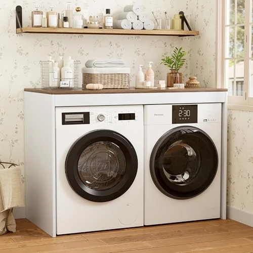 MSFE Armoire pour Machine À Laver Sèche Linge 60 x 128 x 97CM Surmeuble pour Lave-Linge Sèche Linge Meuble pour Machine à Laver avec Grand Bureau de Travail, Moderne Meuble Dessus Machine a Laver