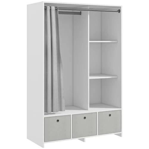 HOMCOM Armario de dormitorio con 3 cajones de tela efecto lino y 3 estantes, armario guardarropa ahorra espacio multiusos con barra para colgar, 105 x 48 x 160 cm, blanco y gris