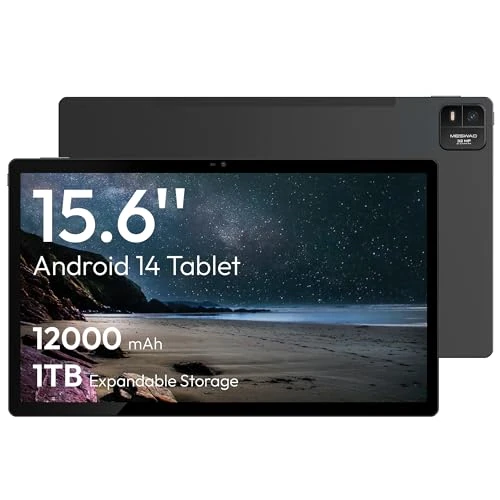 MESWAO 15.6 Zoll Android 14 Tablet, 2025 Großes Tablet mit 1080P IPS FHD Display, 8-Kern CPU, 6GB RAM + 128GB ROM, WLAN 5, bis zu 1TB SD-Karte, 12000mAh ganztägige Akkulaufzeit, 5MP+32MP Dual-Camera