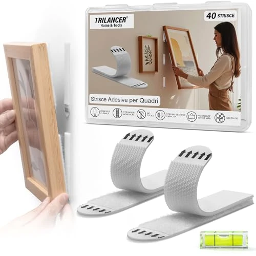 Offerta a tempo: Trilancer Strisce Adesive per Appendere Quadri 20 Paia Taglia L, Forte Tenuta, Senza Chiodi né Attrezzi Senza Danni al Muro Rimovibili, con Livella, per Cornici, Decorazioni Poster e Superfici Lisce - 51% da 20.00 € a 9.90 €
