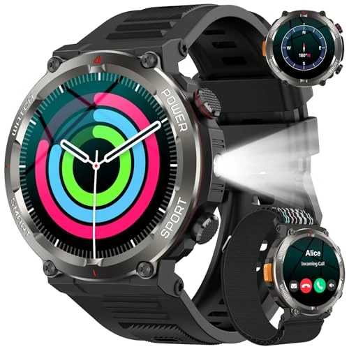 Reloj Inteligente Hombre, 1.45" Smartwatch Hombre con Linterna y Brújula, Smartwatch con Llamadas Bluetooth, Batería Grande de 960 mAh, Monitor Sueño, 2 Correas, Pulsera Actividad Impermeable IP68