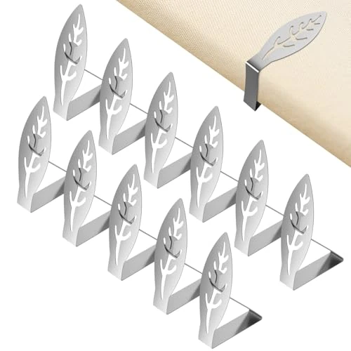 Offerta a tempo: VINATO 12 Pezzi Tovaglia Clip in Acciaio Inox, Ferma Tovaglia da Esterno, Design a Foglia, Adattano a Tavoli con Spessore Fino a 4 cm, Fermatovaglia da Tavola per Picnic, Barbecue, Matrimoni, Feste - 19% da 10.99 € a 8.87 €