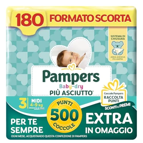 Pampers Baby Dry Midi, Taglia 3 (4-9 kg), Formato Scorta, Barriere Anti-Fuoriuscite, Più Asciutto Fino a 12h, Linguette Rinforzate e Avvolgenti, 180 Pannolini Neonato + 500 Punti Omaggio