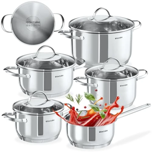 Limited-time offer: tectake® 9-Piece Pot & Saucepan Set in Stainless Steel with Glass Lids, Dishwasher-Safe Cookware Set with Heat-Resistant Handles & Spiral Bases, Pan & Cooking Pots for Induction, Gas & Electric Stoves from 90.99 GBP to 90.99 GBP (save 0%)