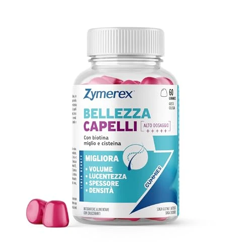 Zymerex BELLEZZA CAPELLI Gummies | 60 gommose | Migliora l’aspetto dei capelli | Forza e resistenza al capello | Cisteina, Biotina, Miglio, Bambù | Senza glutine, lattosio e zuccheri