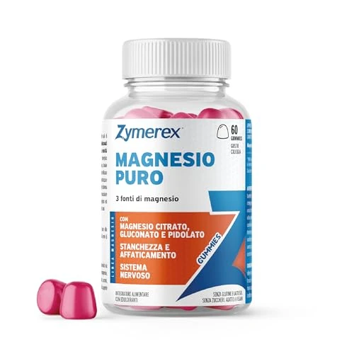Zymerex MAGNESIO PURO Gummies | 60 gommose | Stanchezza e fatica fisica | Sistema nervoso | Citrato, Gluconato e Pidolato | Senza zuccheri, glutine e lattosio | Adatto a vegani