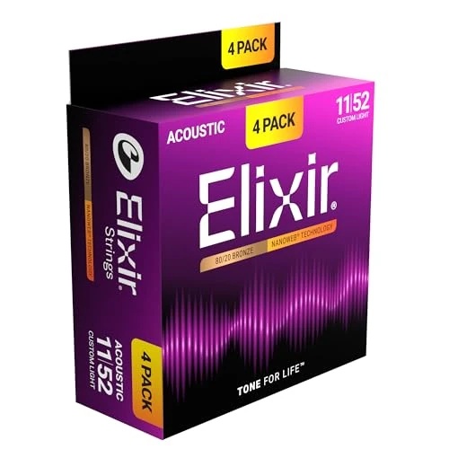 Offerta a tempo: Corde per chitarra acustica in bronzo Elixir Strings 80/20 con tecnologia NANOWEB, luce personalizzata (.011-.052) - Confezione esclusiva Amazon da 4 - 0.00% da 61.49 € a 61.49 €