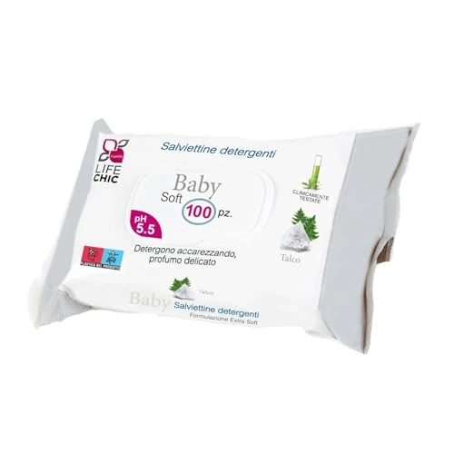 Offerta a tempo: LifeChic Salviette Baby con Talco, per Pelli Sensibili, Senza Alcol, Delicate sulla Pelle, Ph 5.5, Delicatamente Profumate, 100 pezzi (1 Confezione) - 30% da 2.33 € a 1.62 €