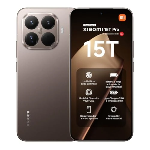Xiaomi 15T Pro, Smartphone 12+256GB, Display Eye-care 6,83" 144Hz, MediaTek Dimensity 9400+, Leica 5x Pro 50MP, 5500mAh, Garanzia 2 Anni, Marrone Moka, Caricabatterie non incluso +Xiaomi Watch S4 Nero