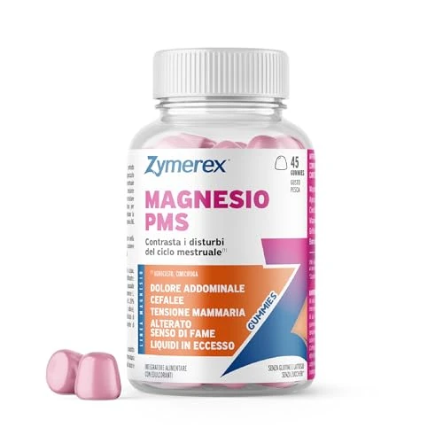 Zymerex MAGNESIO PMS Gummies | 45 gommose | Contrasta disturbi del ciclo mestruale | Sindrome premestruale | Vitamina B6, Agnocasto, Cimicifuga, Bardana, Griffonia | Senza glutine, lattosio e zuccheri