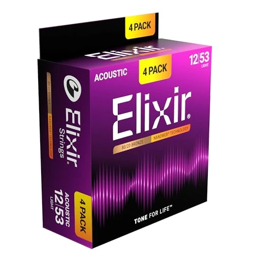 Elixir Struny 80/20 Brązowe struny do gitary akustycznej z technologią NANOWEB Light (.012-.053) - Amazon Exclusive 4-pak