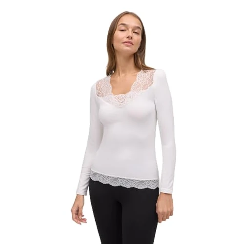 YSABEL MORA Thermo-T-Shirt für Damen, V-Ausschnitt, mit Spitze, elegant und feminin, für kaltes Wetter, ideal als Innen- oder Außenbekleidung, weiches und bequemes Design mit angerauter Innenseite