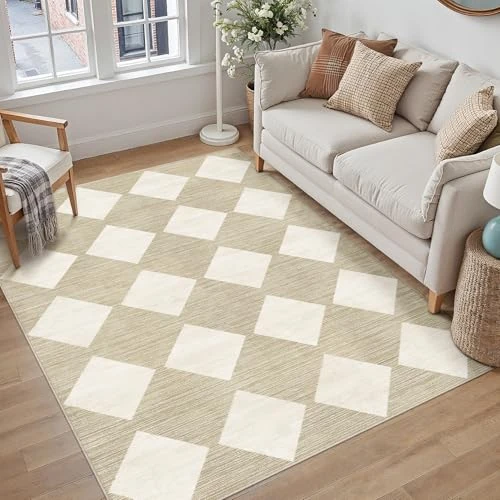 Offerta a tempo: PureCozy Tappeto Lavabile Salotto 120x170cm Beige Pelo Corto Antiscivolo Morbido Moderno a Quadri Bohemio Tappeto per Cucina Camera Da Letto Sala Da Pranzo Salotto Ufficio Carpet - 0.00% da 35.99 € a 35.99 €
