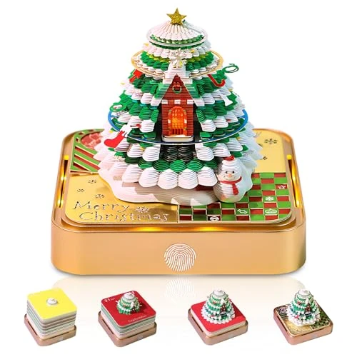 CLIUNT 3D-kalender 2026, 3D-scheurblok, tafelkalender, notitieblok met licht en penhouder, bureau 3D memopad, doe-het-zelf, werkbladdecoratie (kerstboom)