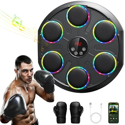Muziekboksmachine, groot professioneel bokswandmodel met dynamische led en handschoenen, Bluetooth Smart, 12 snelheden en modus, voor volwassenen en kinderen, binnen en sportscholen, zwart