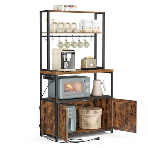 VASAGLE Scaffale Cucina con Prese, con Piano Alto 90 cm, Scaffale per Microonde con 8 Ganci, 40 x 80 x 170 cm, Marrone Vintage e Nero Inchiostro KKS059KD02
