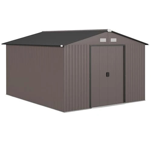 Outsunny Tuinhuis 8,3 m² van verzinkt staal met luchtinlaten, tuinhuis met schuin dak, dubbele deuren, afsluitbaar, gereedschapsschuur, 277 x 322 x 192 cm, bruin