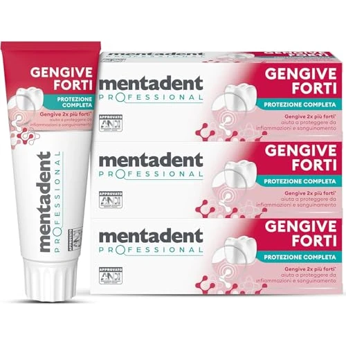 Offerta a tempo: Mentadent Dentifricio Gengive Forti Protezione Completa, Per Gengive Delicate, Aiuta a Proteggere da Infiammazioni e Sanguinamento, Igiene Orale Quotidiana, Cofanetto 3x75 ml con Pochette Omaggio - 40% da 14.99 € a 8.99 €