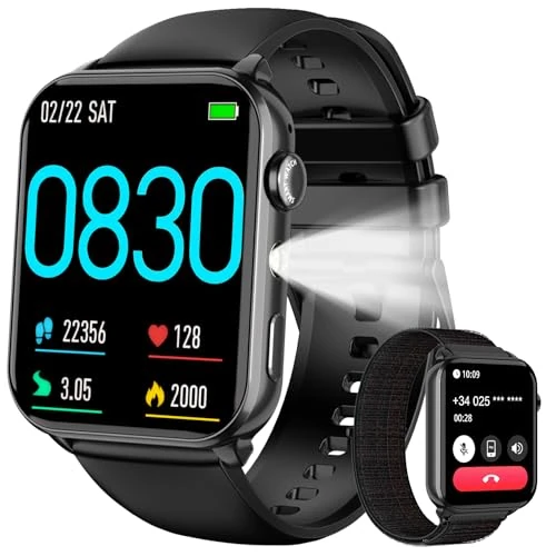 Baolubao Reloj Inteligente Hombre Mujer, Smartwatch Hombre con Linterna, Smartwatch con Llamadas Bluetooth,Smart Watch con 2 Correas, Notificación, Diseño Fino, IP68 Impermeable Reloj Deportivo,Negro
