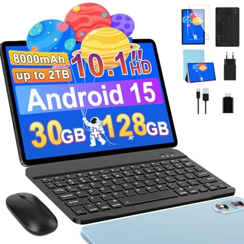 Offerta a tempo: fezawio Tablet 10 pollici Android 15,30GB RAM + 128 ROM (2TB TF) 5G WiFi, Gemini AI, Supporto Widevine L1, 8000mAh,5MP+8MP, GPS, Face ID, BT 5.0, Tablet con Tastiera+Mouse+Case, Blu - 21% da 139.99 € a 109.99 €