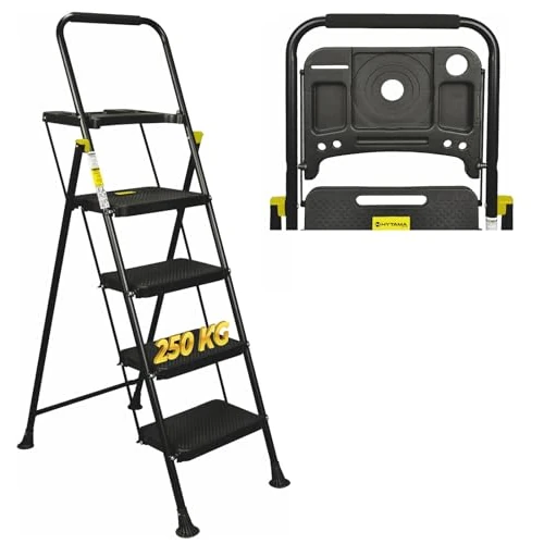 HYTAMA Drabina składana drabinka stołkowa "BLACK MAX PLUS" z uchwytem na sprzęt, oszczędność miejsca, z antypoślizgowymi stopniami i miękkim, gumowym uchwytem dla bezpieczeństwa, maks. 150 kg (4