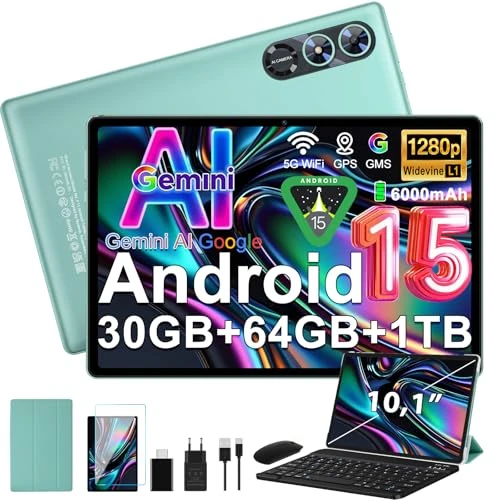 fezawio Android 15 Tablet 10 Pollici Gemini AI, Tablet PC Octa-Core, 30 GO RAM + 64 GO ROM (1TO TF), 3.5mm Audio/GMS/WiFi 6 & BT 5.0 / 6000mAh / GPS/Widevine L1,Tablets con Tastiera e Mouse-Verde