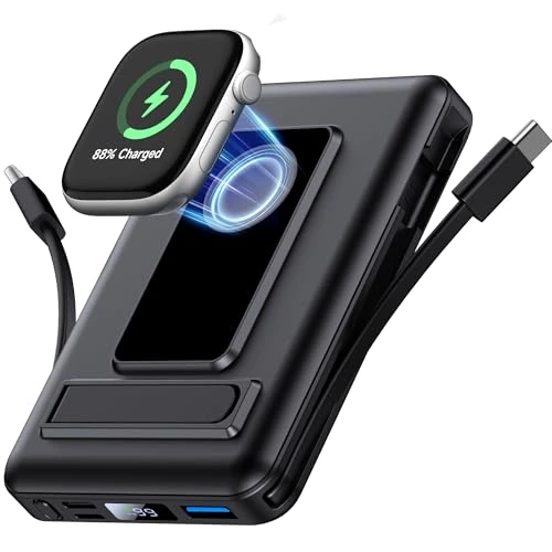 Vexnara for Batterie Externe Iphone, 10000mAh Power Bank Magnétique Compatible avec MagSafe, Charge Rapide PD 20W avec 2 Câble et Support et Affichage LED, for iPhone 17-12 et Apple Watch Series(Noir)