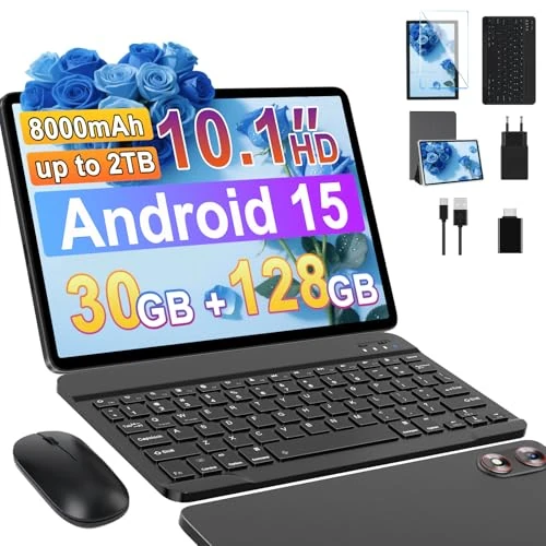 fezawio Tablette Android 15 avec 5G WiFi 10 Pouces 5G 30Go RAM + 128Go ROM(2To Extensible), Widevine L1, Octa-Core 2.0GHz/