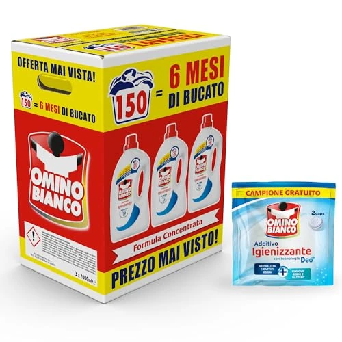 Omino Bianco - Detersivo Lavatrice Igienizzante Liquido, 150 Lavaggi, Rispetta Colori e Tessuti, Igienizza e Rimuove Germi e Batteri, 2000 ml x 3 + Campione di Additivo Lavatrice Igienizzante Idrocaps