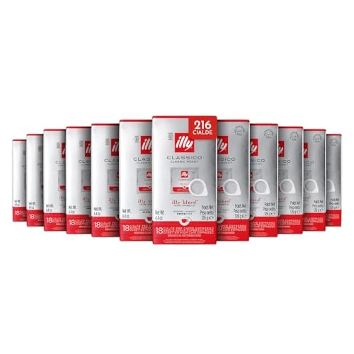 Offerta a tempo: illy, Caffè in Cialde E.S.E Monodose Tostato CLASSICO, 100% Arabica con Note di Fiori d'Arancio e Gelsomino, Gusto Morbido e Retrogusto Dolce, 12 Confezioni da 18 Cialde Compostabili - 20% da 69.48 € a 55.58 €