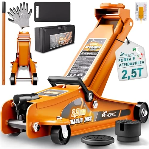 Offerta a tempo: TRESKO Cric idraulico, 2,5 tonnellate, altezza di sollevamento 85-385 mm, con valigia, cric idraulico da garage, piatto per auto con sospensioni basse, ruote a 360°, incl. 2 x inserto in gomma - 15% da 79.90 € a 67.73 €