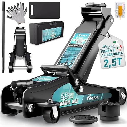 TRESKO Hydraulic Jack 2.5T Lifting Height 85-385mm with Case | Flat Car Hydraulic Jack - 360° Wheels with 2 Rubber Pads, Knee Mat, Gloves, Knife