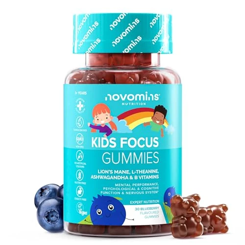 Focus Gummies für Kinder - 30 Gummies - mit Löwenmähne, Ashwagandha, L Theanin, Taurin, Jod & Vitamin B12 - für Fokus & Konzentration - Gehirnsupplement - Novomins