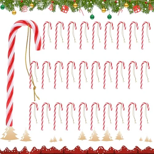 TINA.WIN Suikerstokken, kerstboom, 24 stuks, kerstboomversiering om op te hangen, suikerstokken, decoratie, kerstboomdecoratie, hanger met koord (rood en wit)