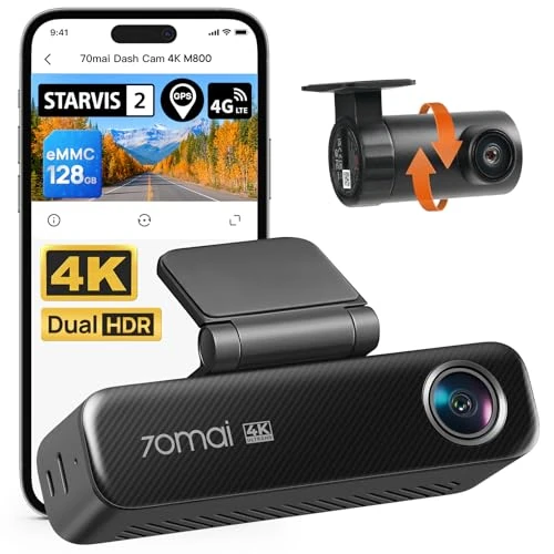 70mai Dash Cam 4K M800 Avant et Arrière, Capteur STARVIS 2 IMX678, Vision Nocturne, Ouverture f/1.7 Double HDR, Compatible 4G LTE & Wi-FI 5 GHz, eMMC Intégrée de 128 Go, GPS, Commande Vocale