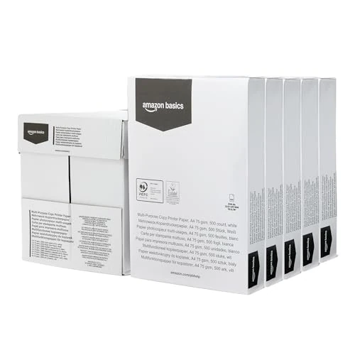 Amazon Basics, Carta Multiuso per Stampante e Fotocopiatrice, Formato A4, 75g/m2, 2500 Fogli (Confezione da 5 Risme), Colore Bianco