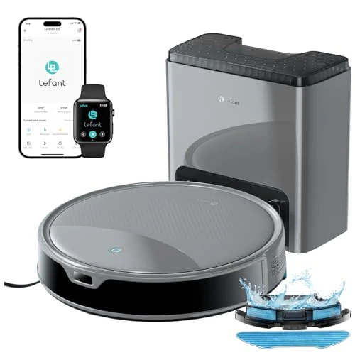 LEFANT M350 Robot Aspirador y Fregasuelos con Base, 3 en 1, 6000 Pa, Limpieza Automática de 75 Días y Autovaciado de 2,2 L, Zonas Prohibidas, Navegación Láser con Mapeo, WiFi/Alexa/App, Gris