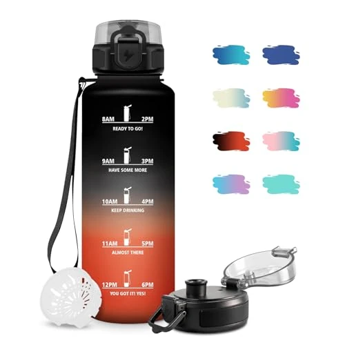 Drinkfles, 1,5 liter, sportfles met filter, sportwaterfles met tijdsweergave, gemakkelijk te reinigen, lekvrij, voor fiets, reizen, kantoor, camping