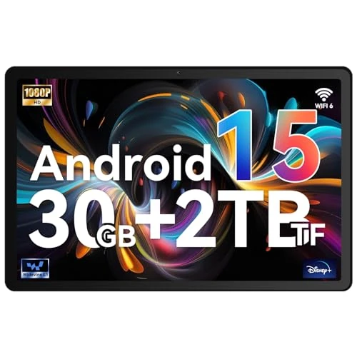 Whitedeer Tablet, Android 15, 10 Zoll (25,4 cm), Octa-Core, 30 GB RAM + 128 GB ROM + 1 TB Micro SD mit WiFi 6, Widevine L1, Akku 6200 mAh, Tablet mit Touchscreen und OTG-Übertragung, Schwarz