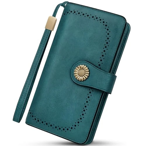 TEUEN Women's Large Long Format Vegan Leather Wallet with RFID Protection, Phone Coin Pocket, 10 Card Slots, 2 Photo Windows and Strap – Elegant Gift, Blue-a, Vintage