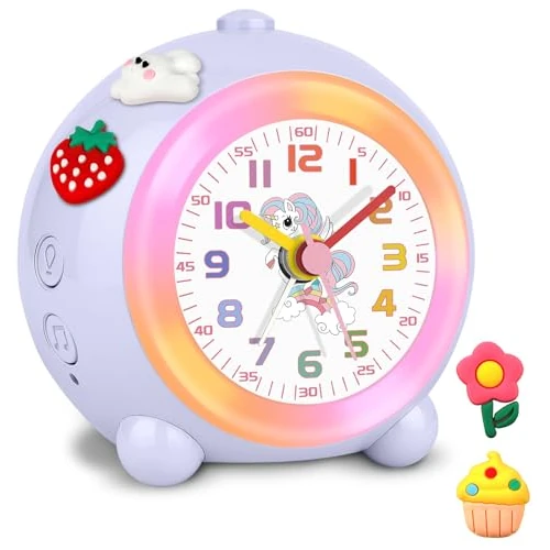SOCICO Analogue Children's Alarm Clock, Unicorn Design, Silent, No Ticking, Cute Peach Alarm Clock, Analogue, with Colourful Light, Adjustable Volume (Pale Purple)
