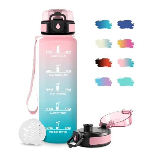 JAPORIA Cantimplora 1L, Botella de Agua con Marcador de Tiempo, Botella con Filtro, Botellas Deportiva Antiderrame Reutilizable, Botellas sin BPA para Running, Cámping, Oficina, Bicicleta, Fitness