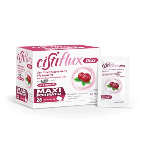 Cistiflux Plus, Integratore a Base di Estratto di Mirtillo Rosso,Cranberry Americano, e D-Mannosio,per Favorire Una Corretta Funzionalità delle Vie Urinarie, 28 Bustine, Gusto Frutti di Bosco