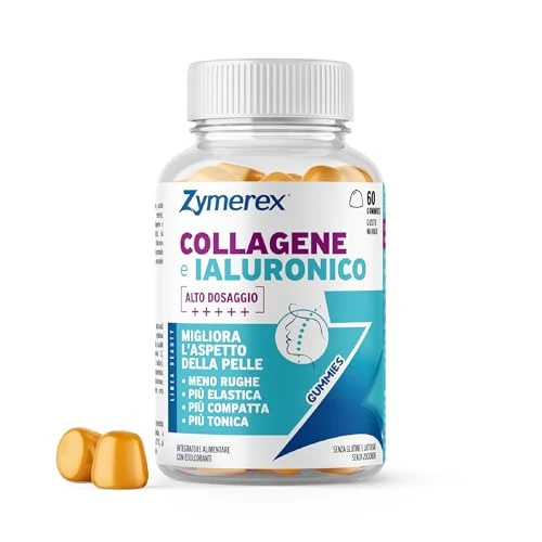 Zymerex COLLAGENE e IALURONICO Gummies | 60 gommose | Migliora l’aspetto della pelle | Bellezza viso | + Vitamina C, Zinco, Rame, Selenio | Senza glutine, lattosio e zuccheri