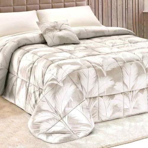 Vionara Home Colcha de invierno de terciopelo jacquard, matrimonial 260 x 270 cm, edredón suave y envolvente, relleno de 350 g/m², cojín a juego incluido, fabricado en Italia (Dubai – Beige)