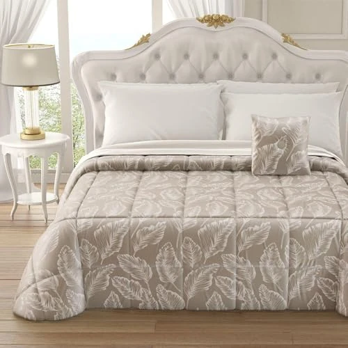 Vionara Home Couette d'hiver en velours Jacquard, pour lit double, 260 x 270 cm, couette douce et enveloppante, rembourrage 350 g/m², coussin assorti inclus, fabriqué en Italie (Gemma – Taupe