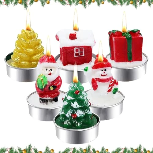 Tijdelijke aanbieding: 6 stuks Kersttheelichtjes - 6 Unieke Ontwerpen: Kerstman, Sneeuwpop & Meer, Ongeparfumeerde en Rookvrije Kaarsen voor Kersttafel en als Cadeau van 11.95 EUR naar 10.99 EUR (korting 8%)