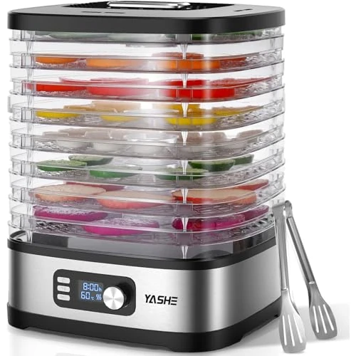 YASHE Deshydrateur Alimentaire 8 Plateaux, 72H Temps & Température, Inclus Feuilles en Maille, Plateau pour Rouleaux de Fruits et Pinces Inox pour Jerky, Fruits, Viande, Légumes, Herbes, Sans BPA